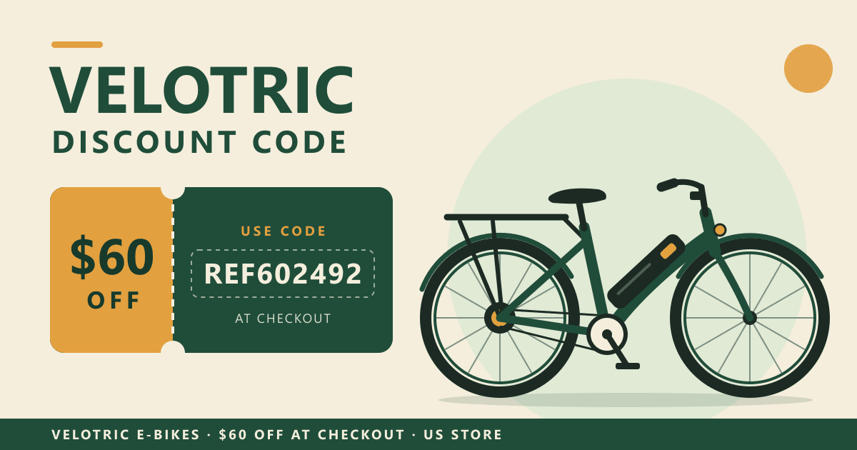 Velotric discount code REF602492 coupon for $60 off next to a step-through commuter e-bike